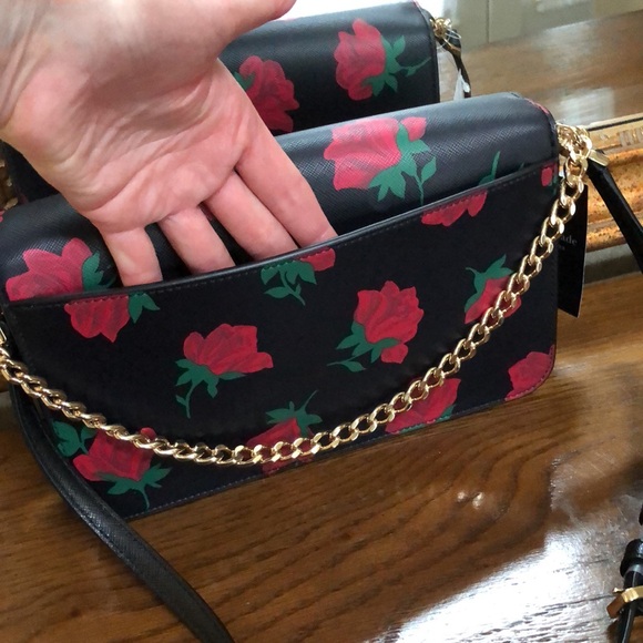 New Kate Spade black and red roses removable crossbody or chain handle purse. - Picture 10 of 16